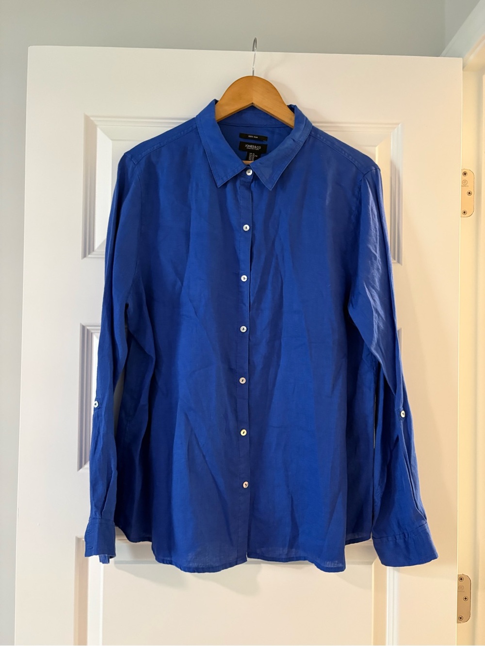 100% Linen Jones & Co Women’s Royal Blue Button-Down Shirt Euro Summer Scandi